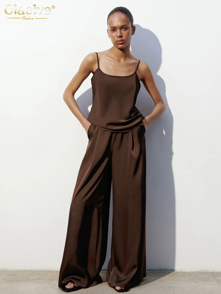 

Clacive Summer Loose Brown Satin 2 Piece Set Women Outfit 2024 Elegant Sleeveless Tank Top With High Waist Wide Pants Set Female