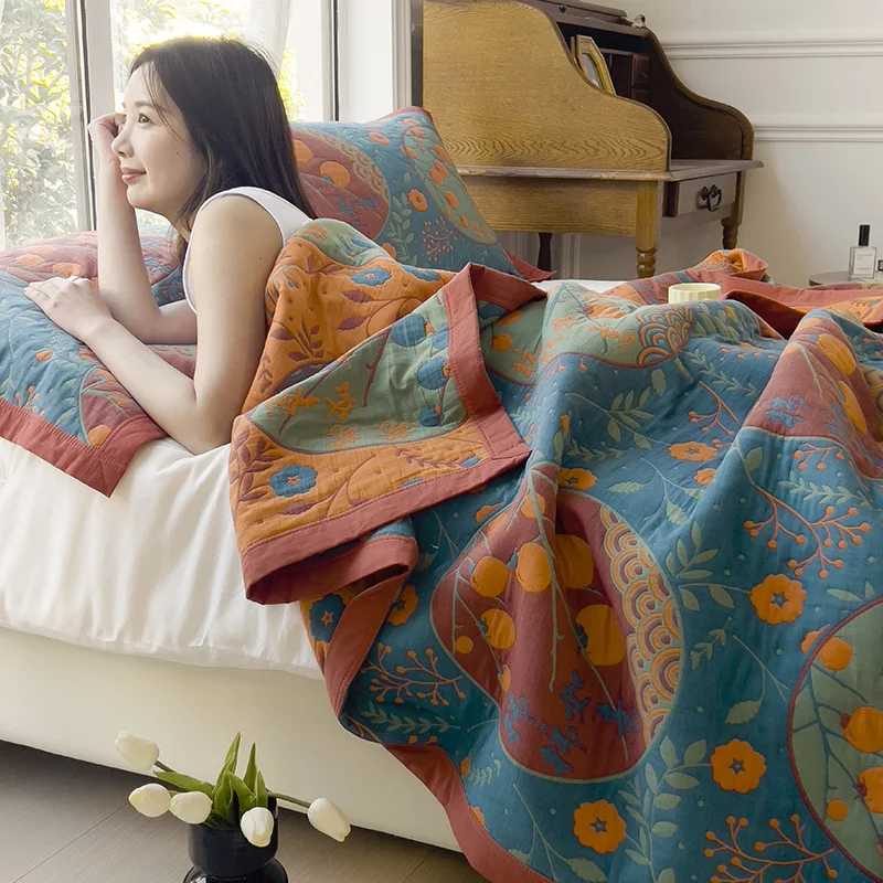 Vintage Cotton Jacquard Triple-Layer Gauze Blanket Soft Skin-Friendly Bedspread,Lightweight Nap Throw for Home, Travel, Office
