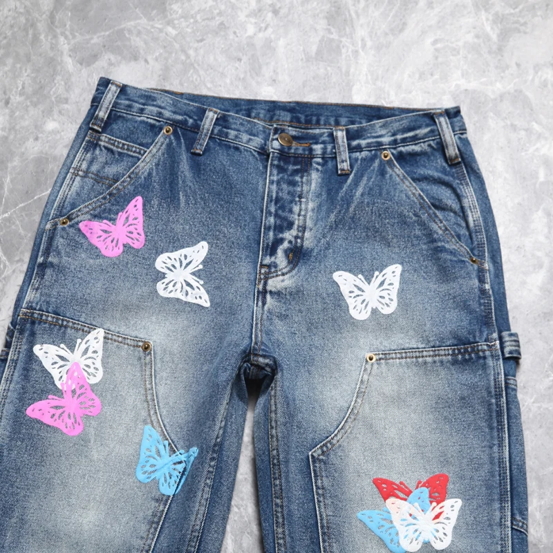 25SS New Foam Print Color Butterfly Jeans American High Street Stretch Straight Leg Jeans Unisex