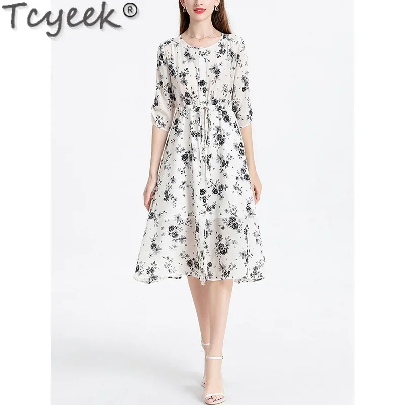 Tcyeek 100% Mulberry Silk Elegant Women's Dresses Summer Dresses for Women Clothes Long Dress 2024 Lace-up Vestidos De Muje