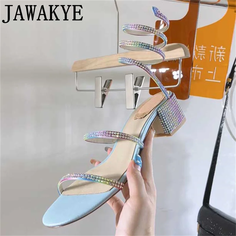 2022 Fairy Wind Snake Ankle Strap Chunky Heels Sandals Crystal Mules Cross Bride Shoes Shiny Pumps Open Toe Bling Band Sandals