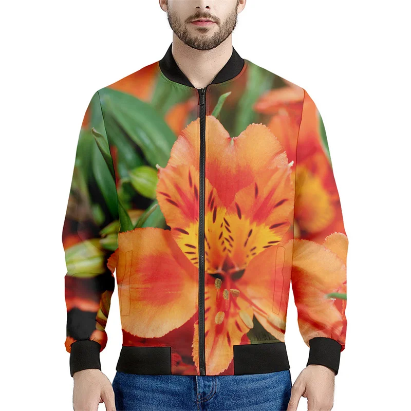 Alstroemeria Flower Pattern Zipper Jacket Men 3d Printed Ethnic Sweatshirt Street Casual Jacket Long Sleeve Bomber Zip Up Coat