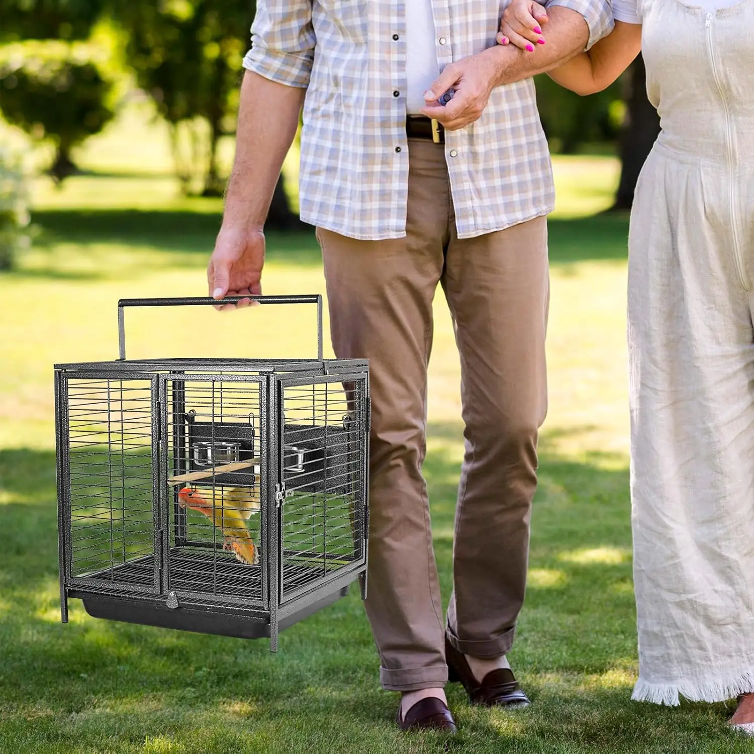 Portable Bird Travel Carrier Cage Black 19 Inch With Handle Wooden Perch,Parrot Travel Cage Medium Birds For Cockatiels,