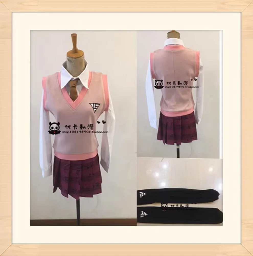 Danganronpa V3 Akamatsu kaede Uniform Skirt Anime Cosplay Costume Vest +shirt +Skirt +Sock+Tie+ Free Track