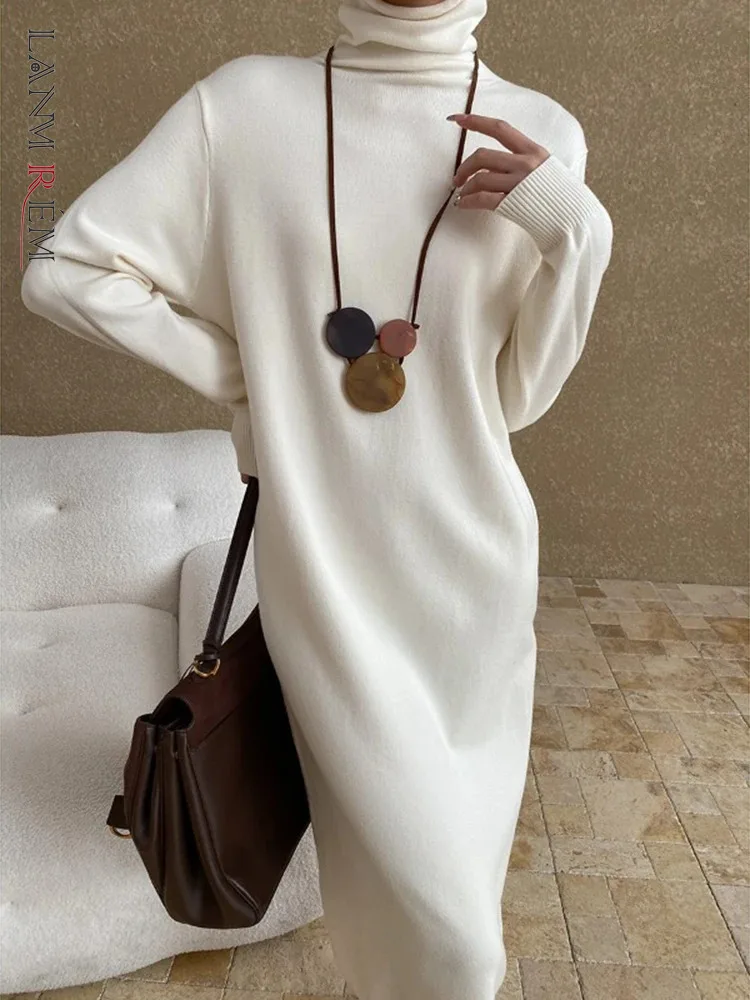 LANMREM Minimalist Style High Neck Loose Straight Bottom Knitted Dress For Women Long Sleeves Female Casual Clothes 2DB1247