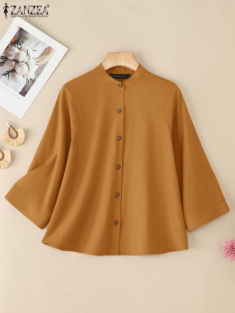 

2025 ZANZEA Autumn Solid Work Shirt Women Shirts Elegant Stand Neck Long Sleeve Blouses Casual Buttons Blusas Mujer Female Tops