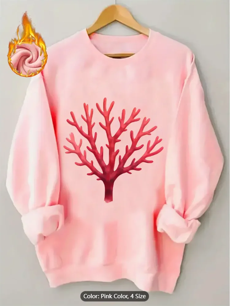 

Женская розовая толстовка с графическим принтом кораллового дерева на флисовой подкладке, повседневный пуловер большого размера, топ для любителей природы, чистый хлопок
