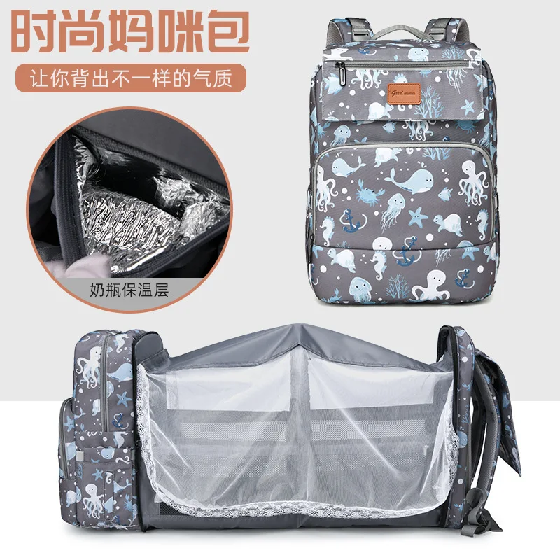 foldable-cot-mummy-bag-multifunctional-rucksack-large-capacity-maternity-bag-outdoor-baby-changing-bag-waterproof-fabric