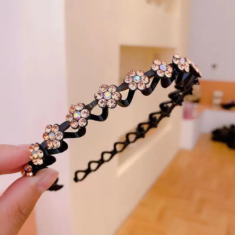 Non-slip Rhinestone Flower Headband Solid Wave Hairband for Women Girls Bezel Fashion Hair Hoop Ladies Boutique Hair Accessories