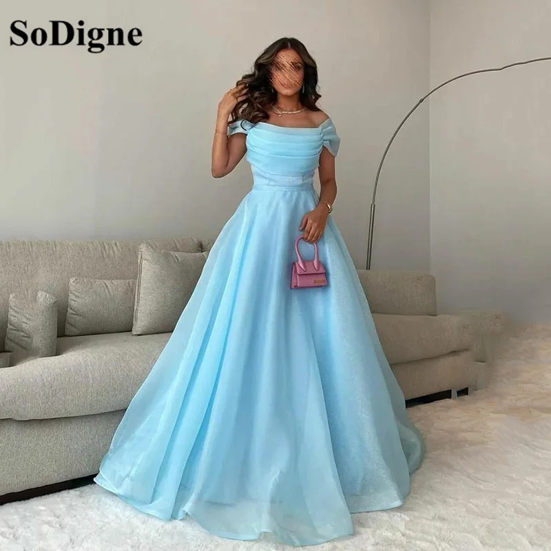 

SoDigne Blue Arabic Organza Prom Dress Off The Shoulder Pleats Evening Dresses Gowns 2023 A Line Women Party Dress