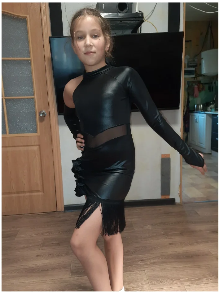 Costume de spectacle pour filles, jupe à franges noire à une manche, vêtements de danse latine pour enfants, robe d'entraînement de compétition Samba cha-cha 2025