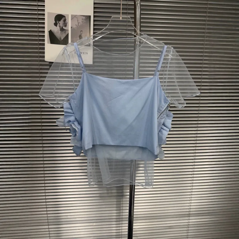 HKSH Women T-shirt Elegant Trend Sweet Niche Three-Dimensional Petal Design Camisole Solid Color Mesh Tees Two-Piece Set HK24890