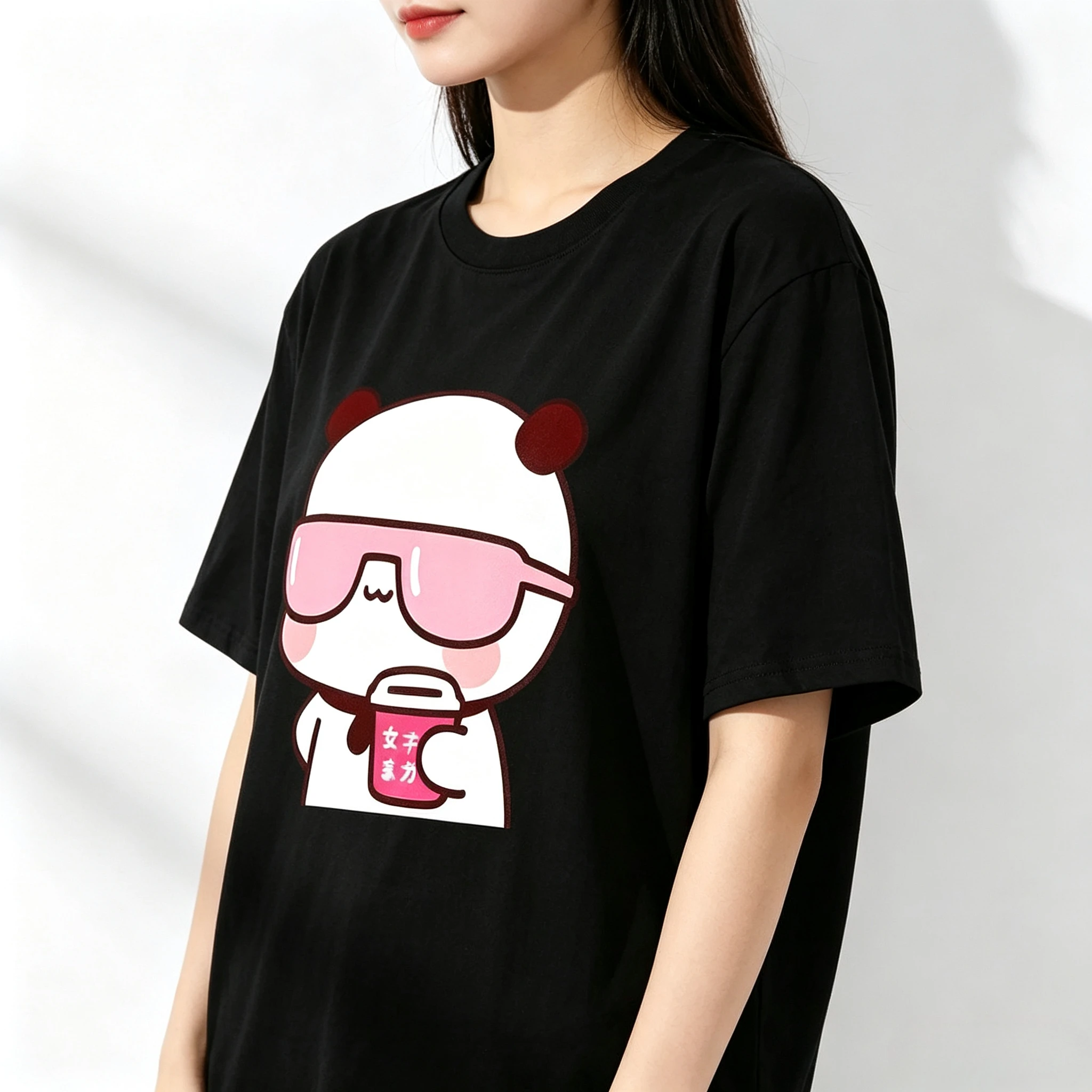 Cartoon Style Cute Cool Panda With Pink Sunglasses Coffee Cup Print Modal T‑Shirt Unisex Loose Short Sleeve Casual Couple Tops