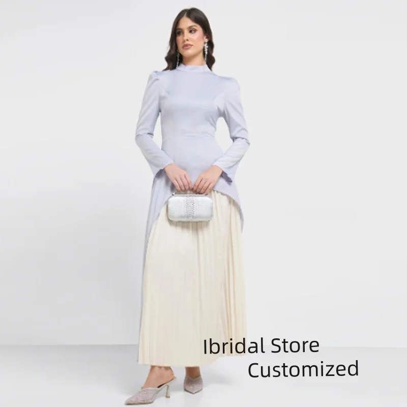 

Customized Elegant Muslim Evening Dress High Neck Long Sleeve Prom Gown with Contrast Pleated Lace Up Back Party Dresses