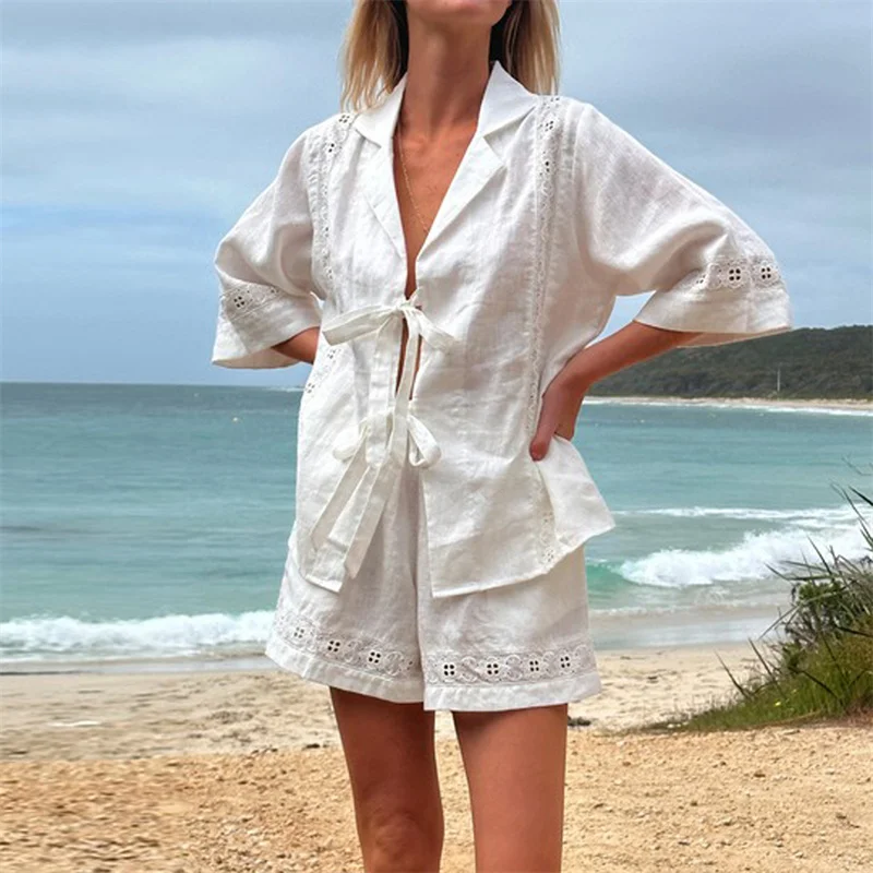 Lamuusaa Vacation Clothes Set Women 2 Piece Outfits 3/4 Sleeve Tie Knot Front Shirt Tops+ High Waist Shorts Summer Beachwear