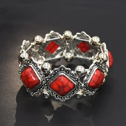 Vintage Bohemian Multicolor Stone Elastic Bracelets for Women Ethnic Personality Silver Color Metal Bracelet Party Jewelry