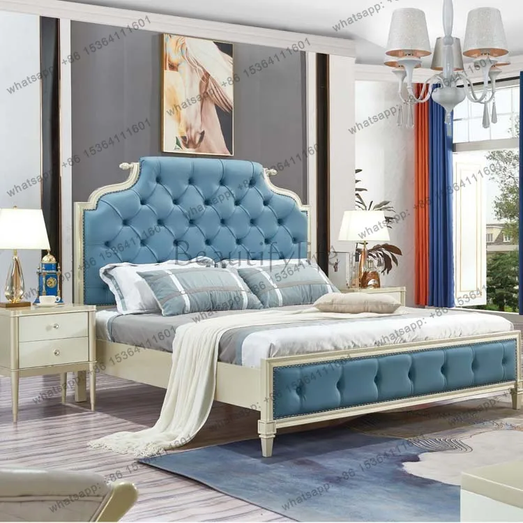 American light luxury horn solid wood double soft bag leather bed master bedroom