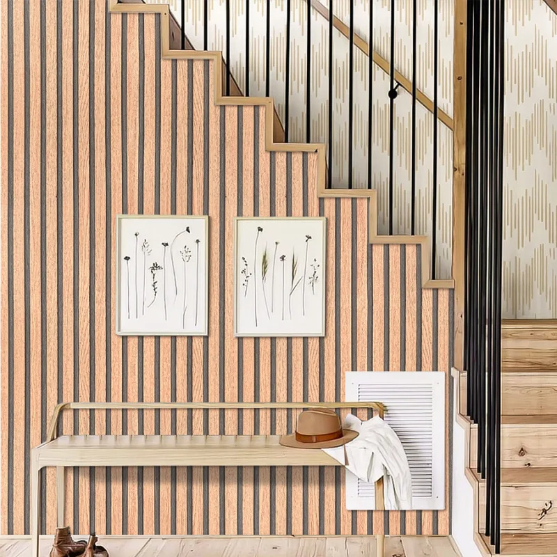 Chinese Style Grid Stripe Self-Adhesive Wallpaper for Living Room Dining Room Bedroom Background Wall PVC Wood Grain Wallpaper