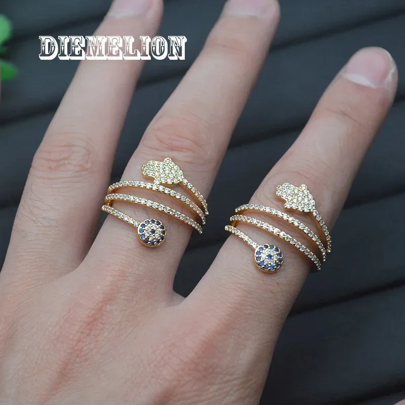 Luxury Gold Color Evil Eye Blue Eye Hamsa Hand Fatima Hand Adjustable Female Rings Open Size Three Layer CZ Ring Wedding Jewelry
