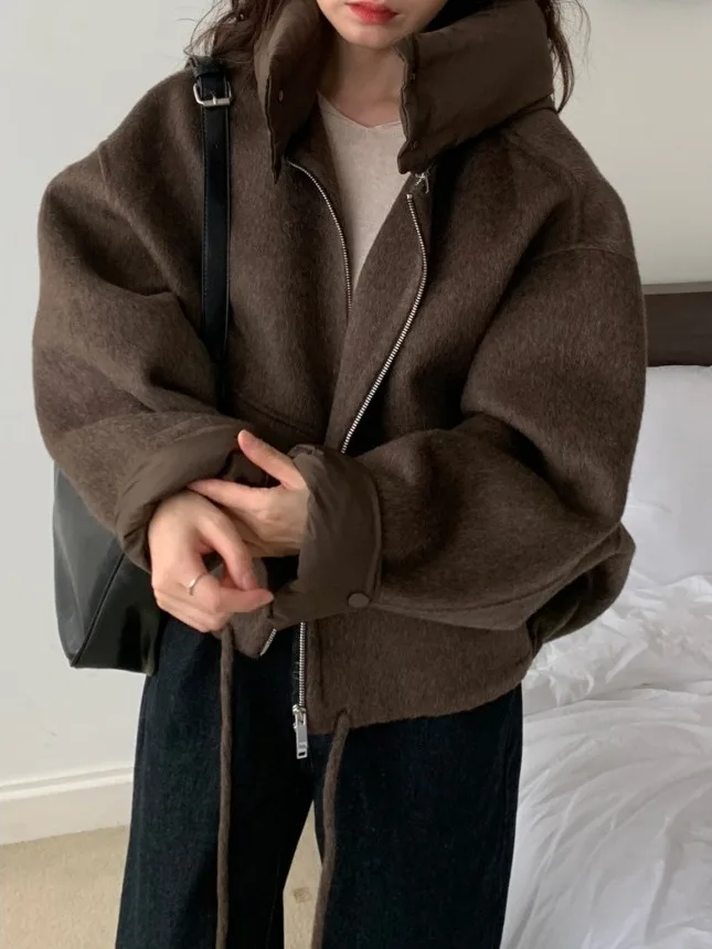 Chic Autumn Winter Short Woolen Coat Women's Fashion Detachable Hooded Splicing Design Warmth-Bearing Long Sleeve Zipper Closure