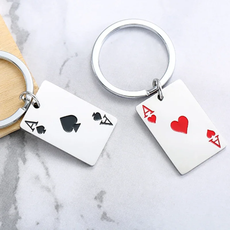 Stainless Steel Playing Card Spades A Keychain Ins Customizable Logo Red Heart Car Key Keyring Couple Bag Pendant Key Chain Gift