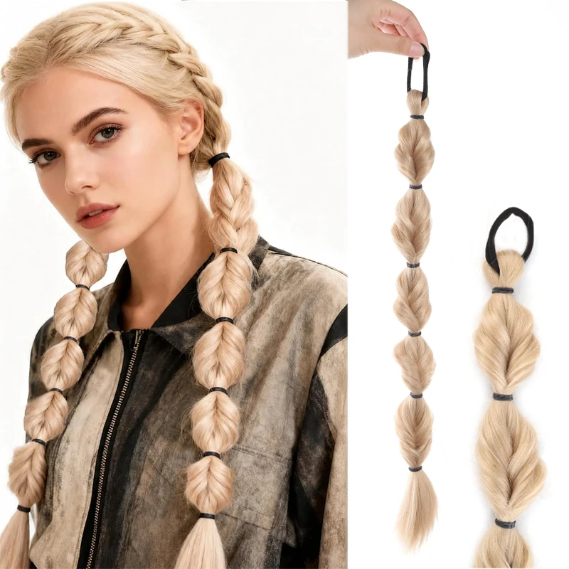 20 Inch Bubble Braid Ponytail Hairpiece 1PC Synthetic Dirty Blonde Hair With Elastic Headband For Women Daily Festival Party
