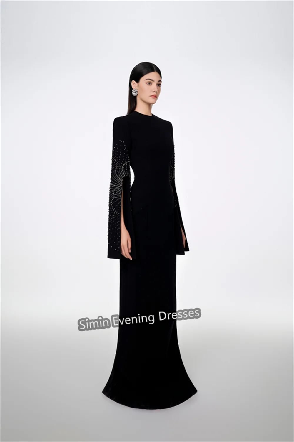 Simin Crepe Straight O-neck Beading Prom Gown Simple Floor Length Long Sleeves Arab Evening Elegant Party dresses for women 2024