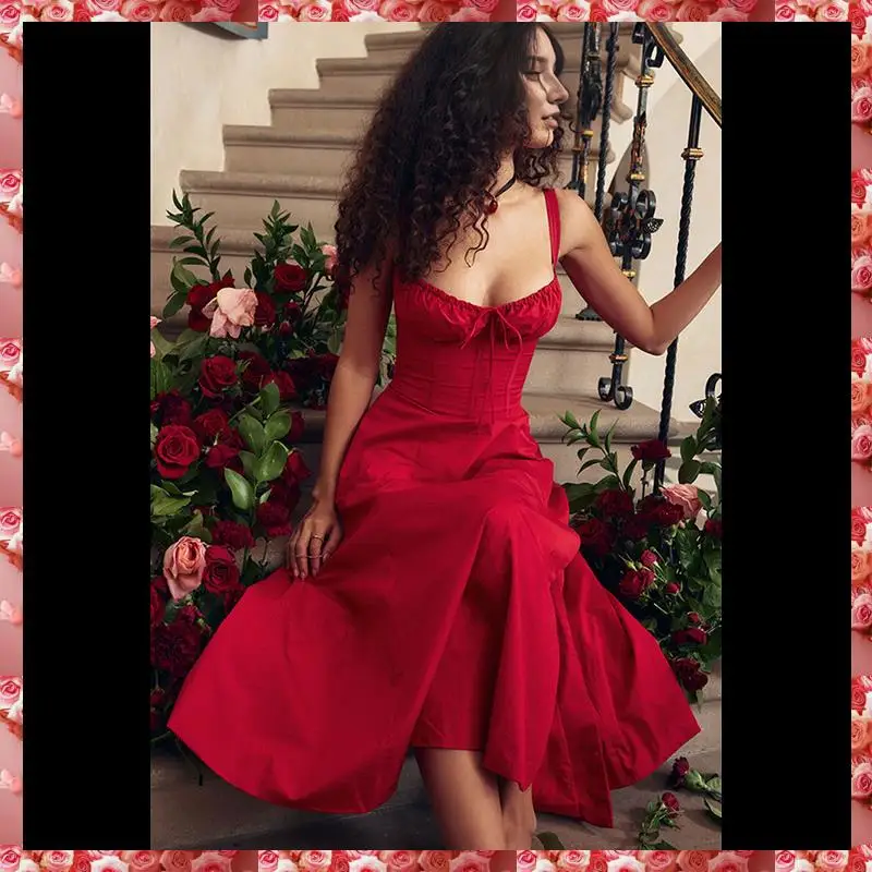 Women's Summer Midi Corset Boho Dresses Casual Spaghetti Straps Lace Up Dress Flowy Aline Beach Sundress