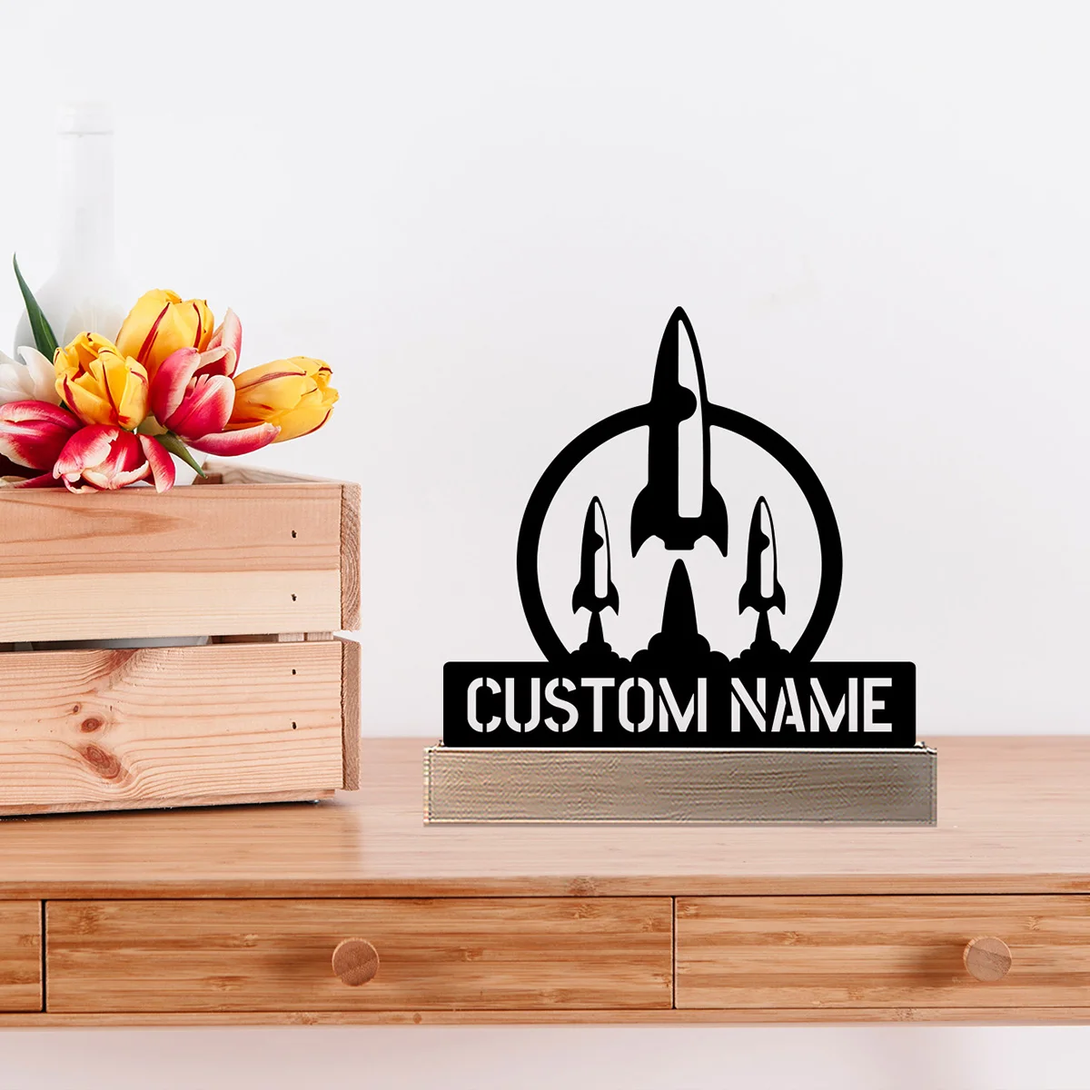 1pc Modern Rocket launch Custom Name Metal Statue Metal Ornament With Wood Base Iron Sculpture Handicraft With Wood Base
