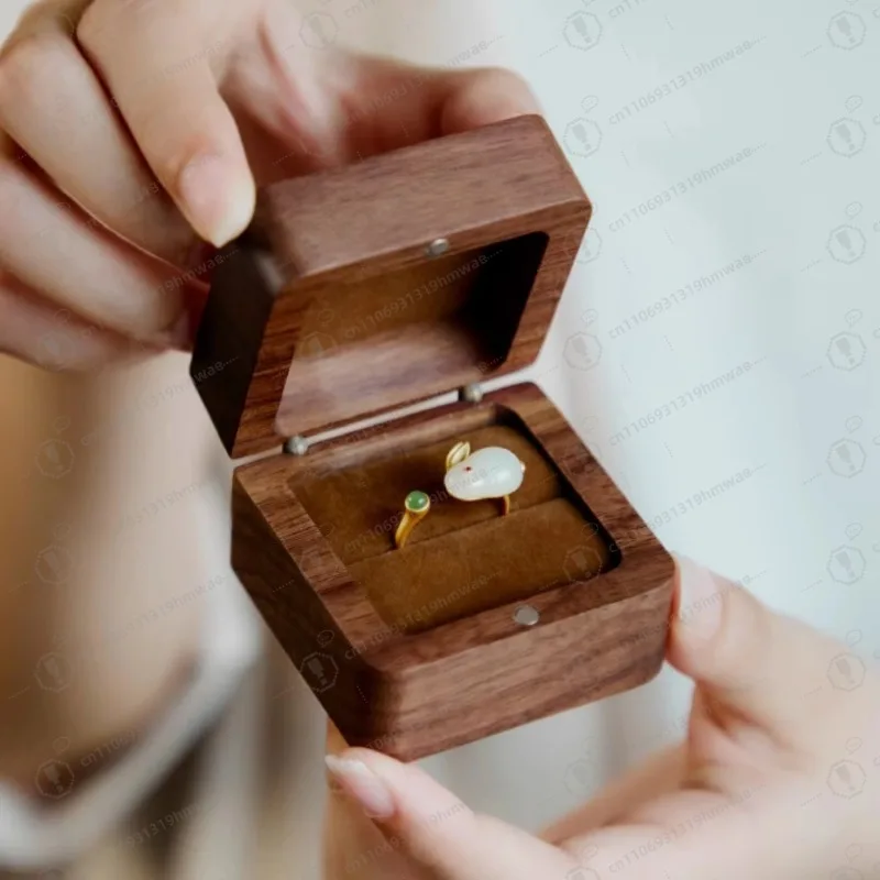 

Walnut velvet liner wooden jewelry box, ring earrings storage box, wooden handicraft
