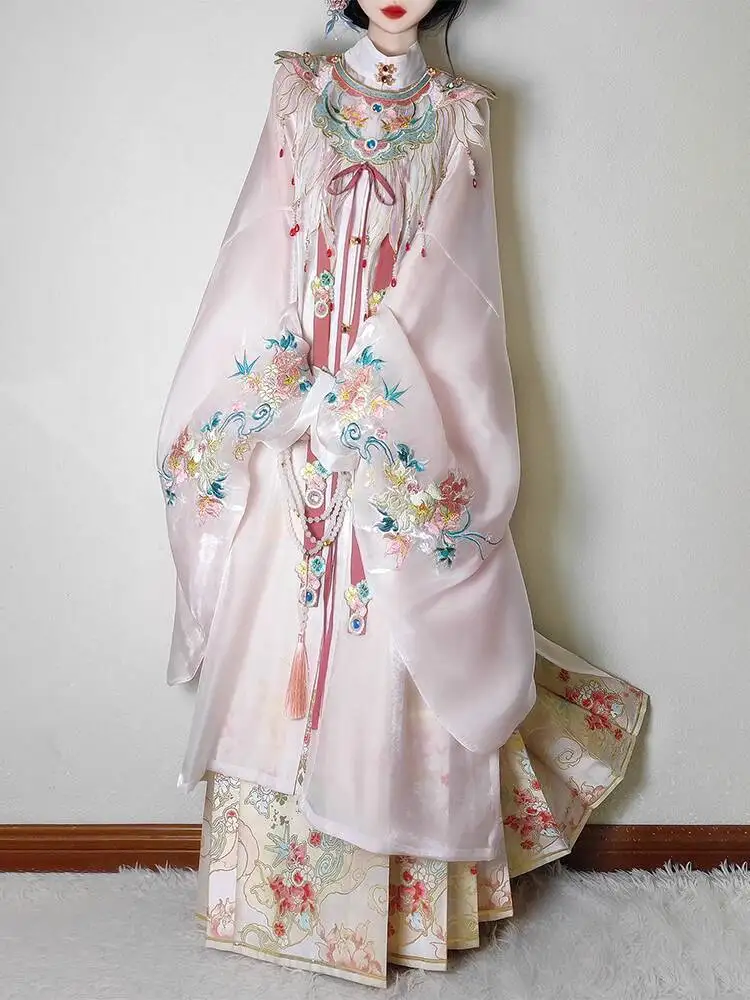 Primavera y verano la dinastía Ming Hanfu cuello alto vestido largo rosa bordado falda con cara de caballo niñas dulce