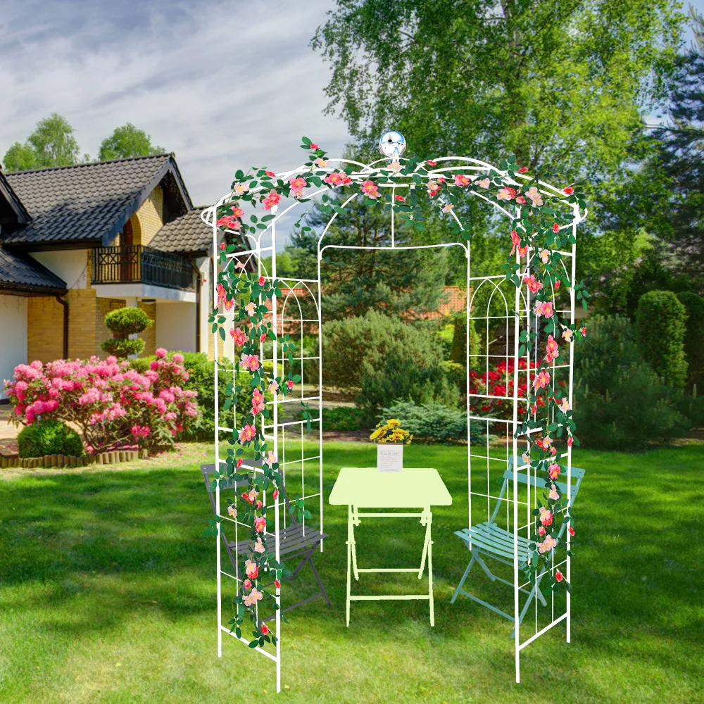 โลหะ Garden Arch Iron Garden Arbors Gazebo Dia 81.3 ''x 114.2'' สูง Birdcage รูปร่าง Pergola Pavilion สําหรับงานแต่งงานพิธีครีม