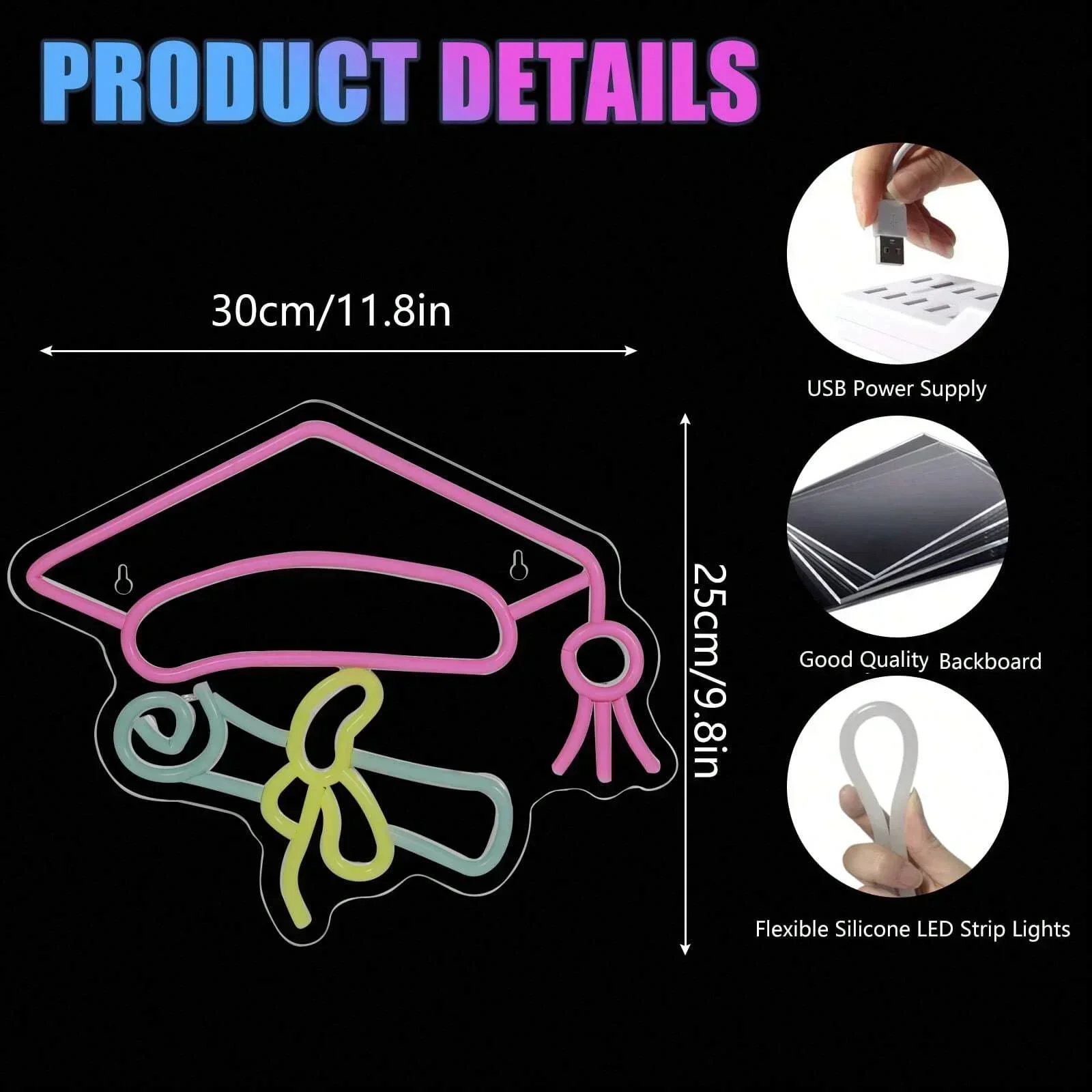 Graduation Cap Neon Sign Safety Pin LED Wall Art USB Powered Class of 2025 Decor Bedroom Backdrop Novelty Gift Hanging Light