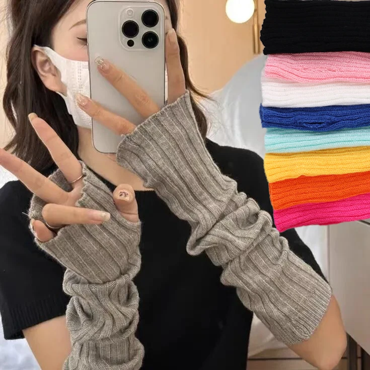 Autumn/Winter Warm Flat Knitting Arm Sleeve Ins Style Fashion Simple Solid Color Lengthened Arm Sleeve Hand Protection Gloves