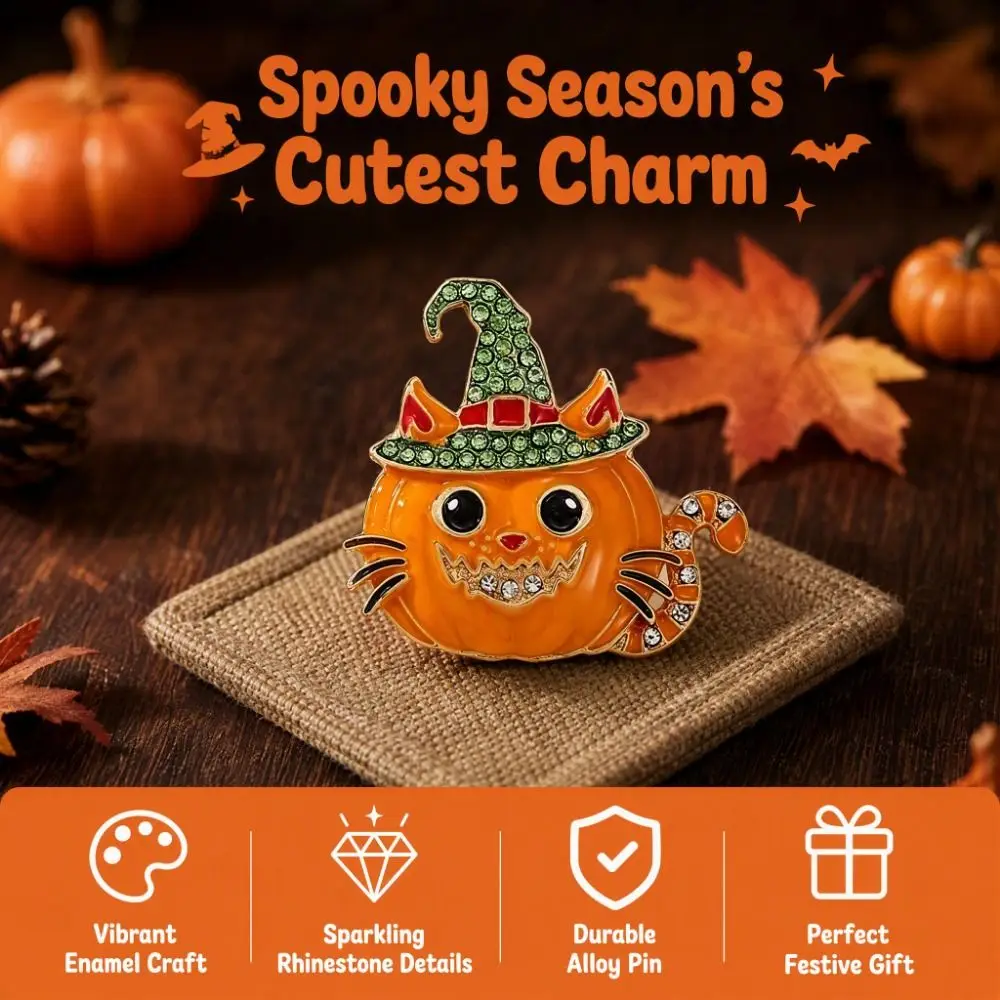 Halloween Cat & Pumpkin Enamel Brooch Pin with Witch Hat – detail image 2