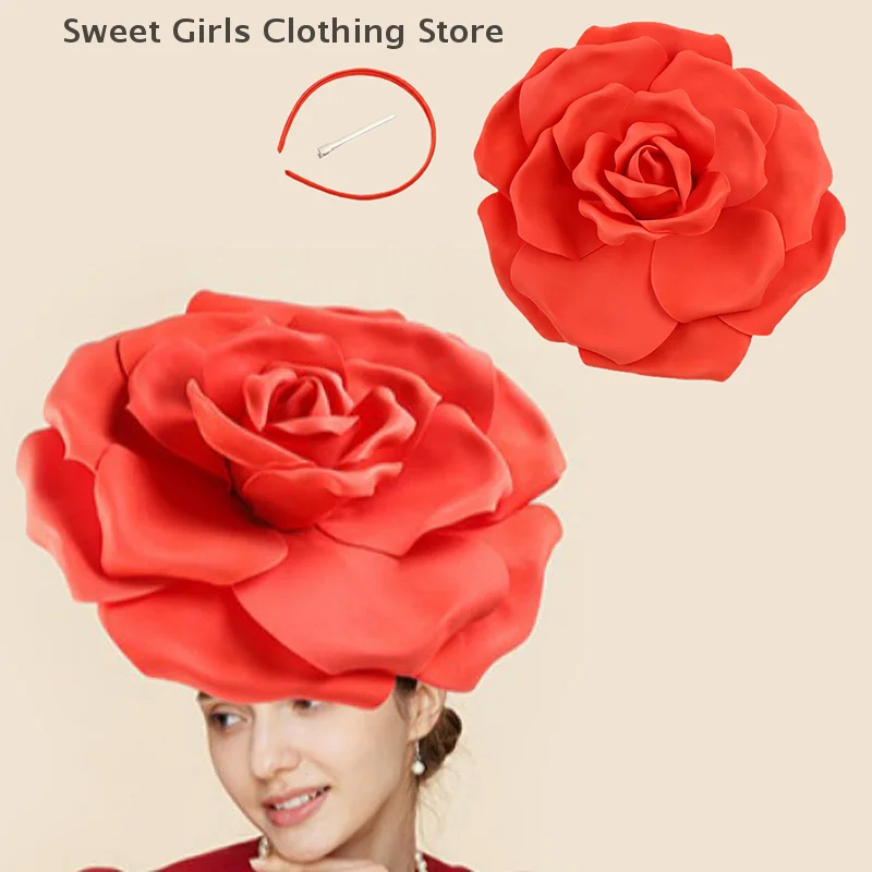 Women Large Flower Hair Band Bow Fascinator Hat Headdress Wedding Bridal Makeup Prom Photo Shoot Photography Hair Accessories