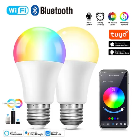 Tuya Wifi/Bluetooth Smart Lampa Alexa LED-lampa E27 RGB Smarta Glödlampor 220V 110V Smarta Lampor För Google Assistant Smart Life 10 best sales Tuya Smart-lampa - №1