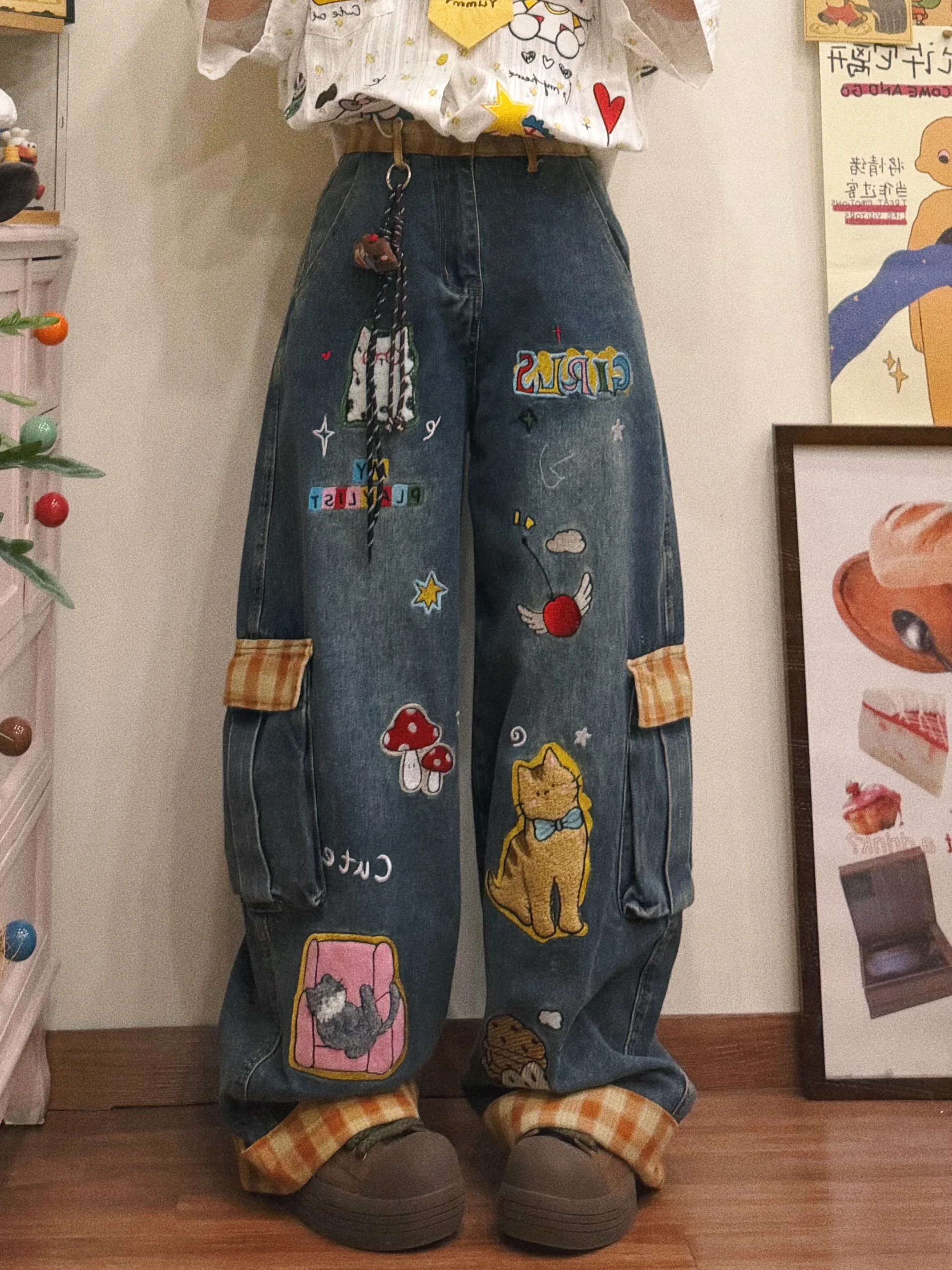 

BIBULU Cute American Cartoon Sle Embroidered Loose Wide Leg Jeans Women's Winter Slimming College Denim Pants l Waist