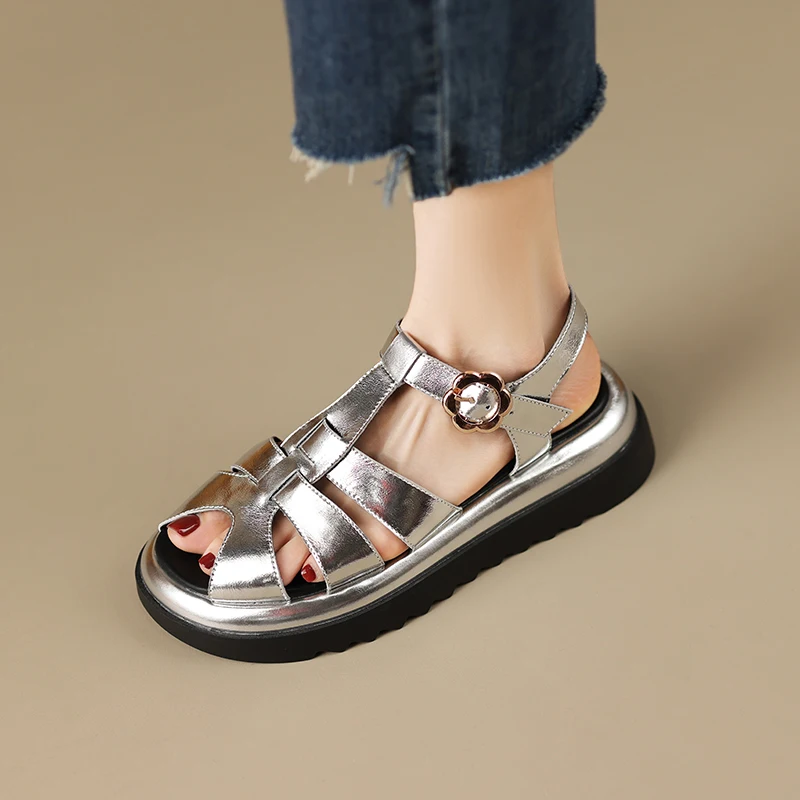 

Genuine Leather Platform Sandals Women Open Toe Slingback Ankle Buckle Strap Casual Outdoor Summer Female Shoes