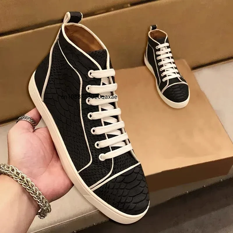 Fashionable leather men's high top shoes, women's casual board shoes, snake skin lace up couple shoes