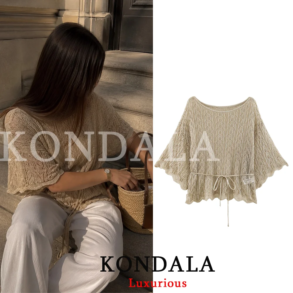 KONDALA Vintage Casual Women Knitted Top Sashes Lace-up O-Neck Short Sleeve Top Fashion 2026 Summer Fall Holiday Hollow Out Top