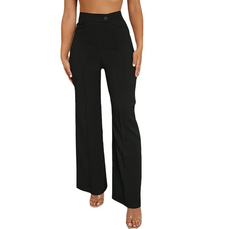 2025 خريف جديد فضفاض غير رسمي التنقل المرأة بنطال ذو قصة أرجل مستقيمة تبدو نحيفة وأنيقة عالية الخصر السراويل السوداء جرس أسفل