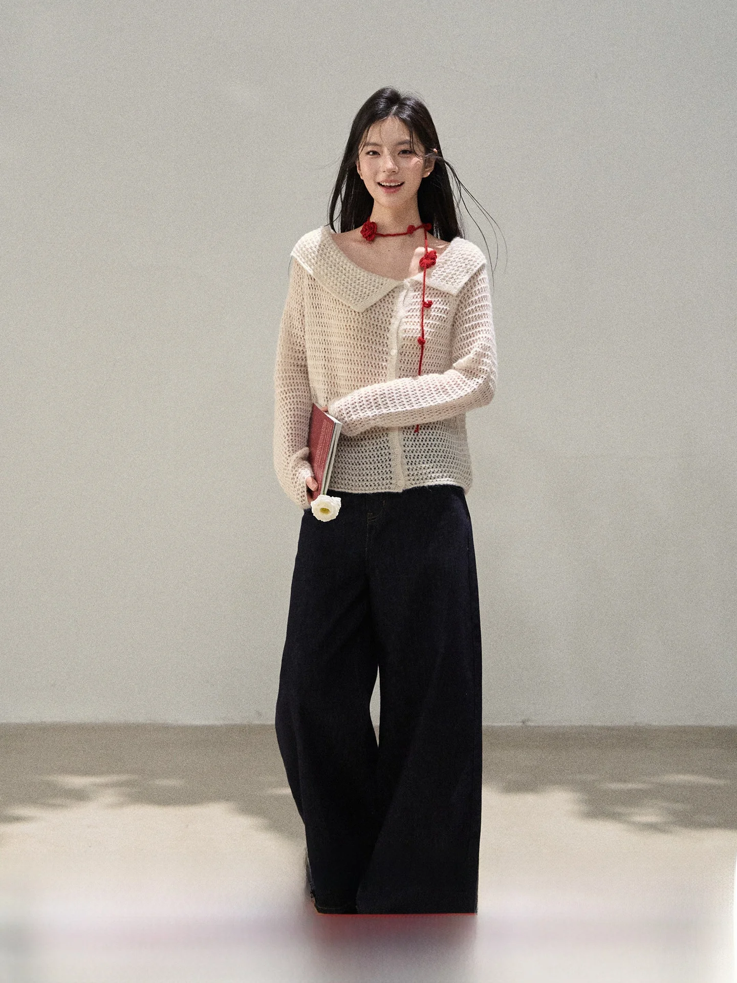 Loose Knitted Long Sleeve Hollow out Collar Sweater Women's Autumn New Style Versatile Casual Top Small Wildberry