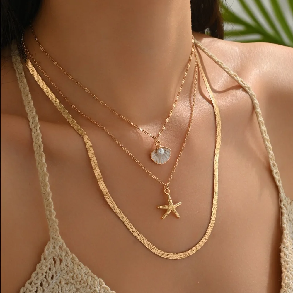 3 قطعة حبة شل متعدد الطبقات قلادة مكدسة البوهيمي نمط سلسلة الترقوة النساء Y2K الرقبة مجوهرات قذيفة الترقوة قلادة السيدات