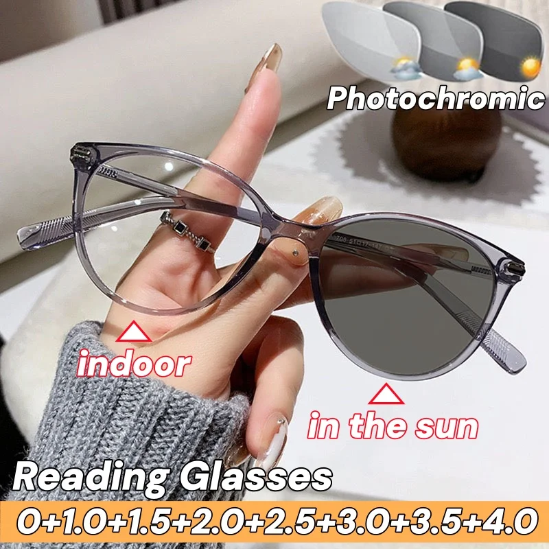 

Cool Tea Cat Eye Photochromic Reading Glasses New Vintage Color Changing FarSight Eyeglasses in The Sun Anti Blue Light Eyewear