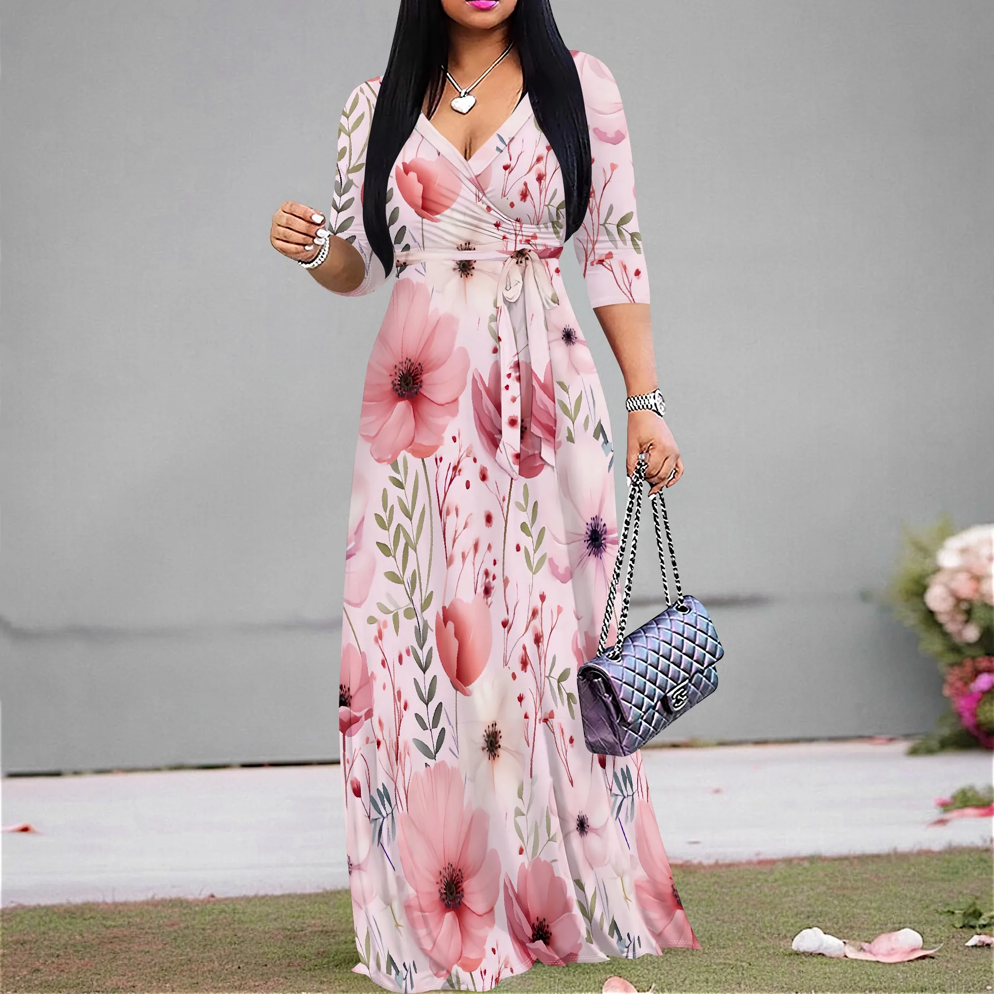 

Floral Women's Maxi Dress 2025 New Arrival V-Neck Spring Party Dress S-3XL