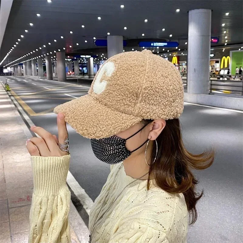 Winter Lamb Baseball Cap Woman Korean C letter Caps Fashion Men Hipster INS Plush Warm Simple Peaked Hat Causal Outdoor Caps