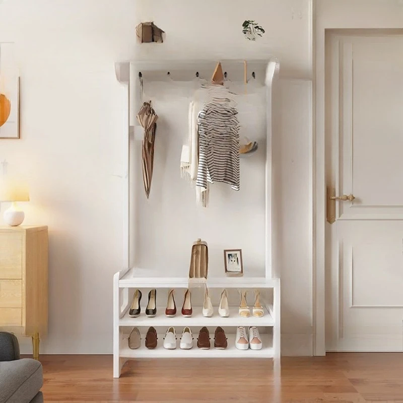 

Coat rack, shoe changing stool integrated solid wood combination floor hanging hanger entrance multi-functional shoe rack simple