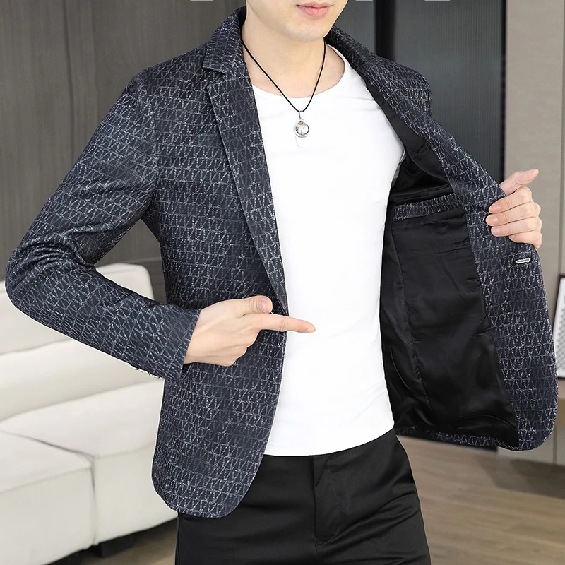 

Блейзер на осень и зиму, мужской модный уличный свадебный утягивающий деловой универсальный повседневный пиджак с принтом в корейском стиле, официальная одежда, блейзер