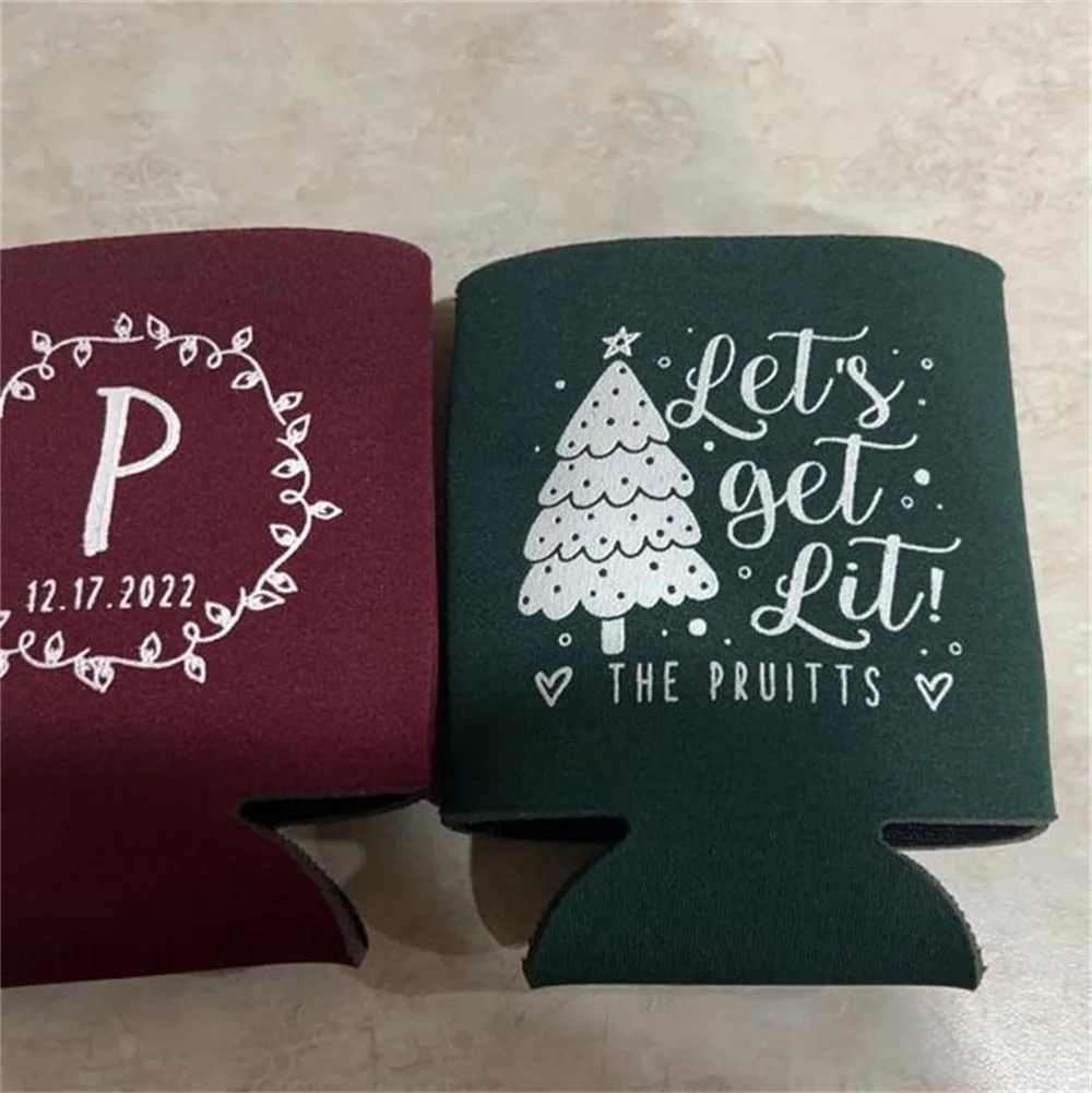 Let's Get Lit - Wedding Can Cooler #197R - Custom - Holiday Wedding Favors, Christmas Wedding, Beer Huggers, Wedding Favor, Beer